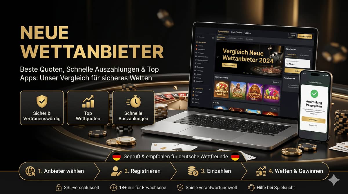 Premium-Vergleichsportal für neue Wettanbieter mit Laptop, Smartphone und Casino-Elementen in elegantem Schwarz-Gold-Design.